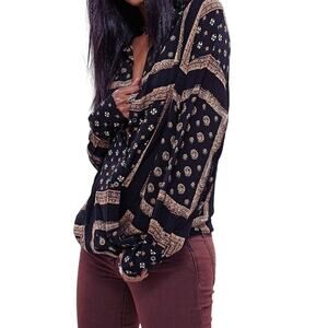 Free People Little Secrets Black & Gold Button Down Wrap Top Size SP